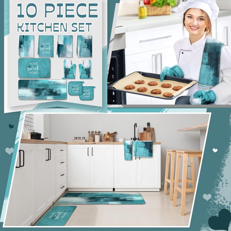 Fourluoo 10 Pcs Teal Turquoise Oven Mitts and Pot Holders Kitchen Decor and Accessories Set Turquoise Kitchen Towels Modern Boho Oven Gloves for Home Decorations Cooking Baking Housewarming Gifts - Image 2